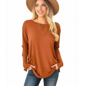 HAPTICS Rust Orange Oversized Dolman Sleeve Pocketed Sweater Boho Knit Top